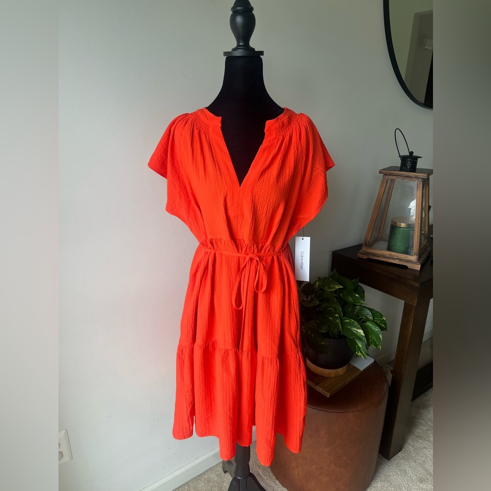 NWT Calvin Klein Red-Orange Textured Tiered V-Neck Dress with Pockets